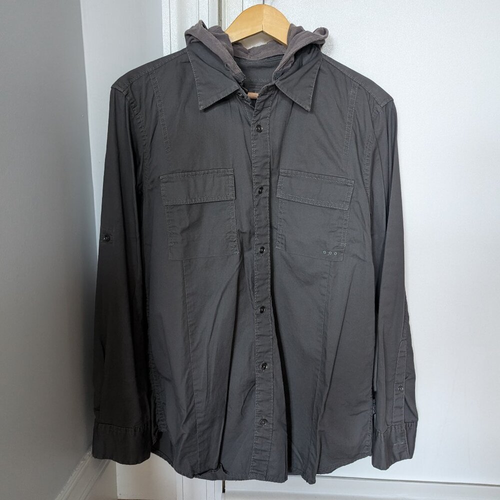 Calvin Klein Men's Casual Button-up shirt with hood (Gray) (Small)